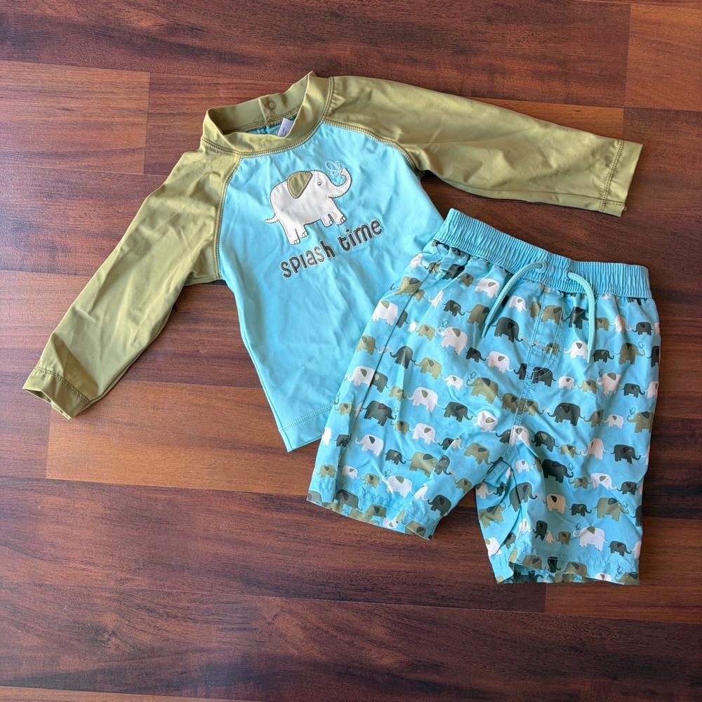 Y2K‎ 2009 Gymboree Baby Boy Elephant Rash Guard & Swim Trunks Set Blue Olive